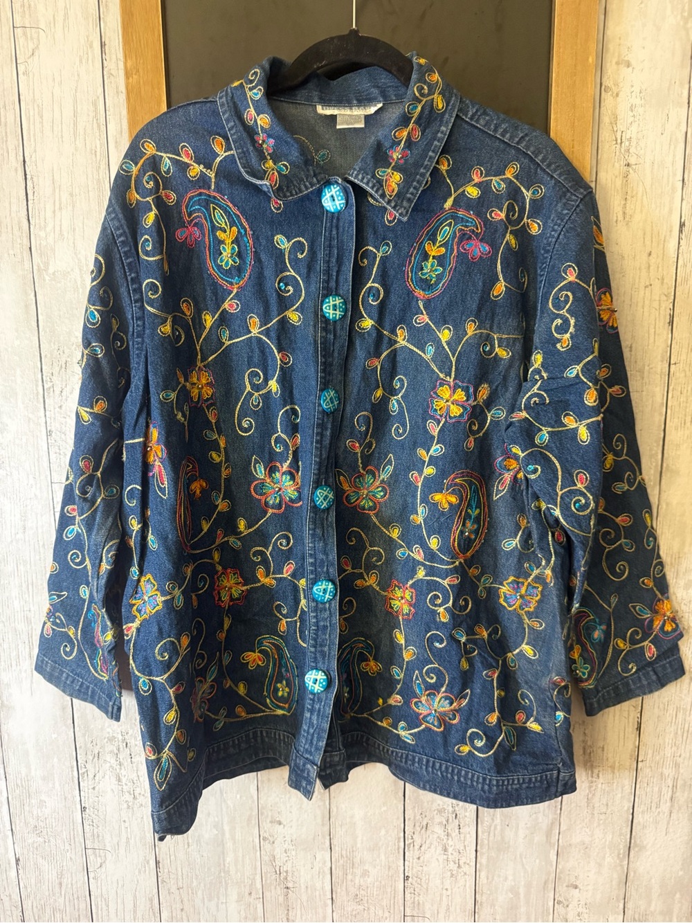 Dress Barn Womens Vintage Floral Embroidered Denim Jacket W/ Wood Buttons, Sz 1X